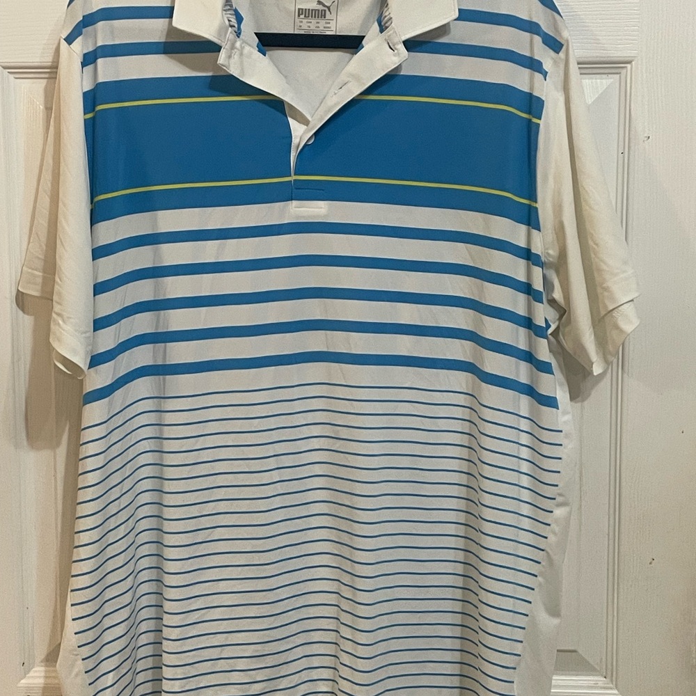 Puma Blue and White Polo Shirt with Striped Design